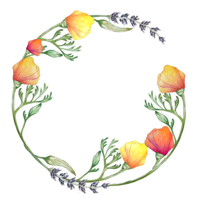 Watercolor wreath of California poppies and lavender