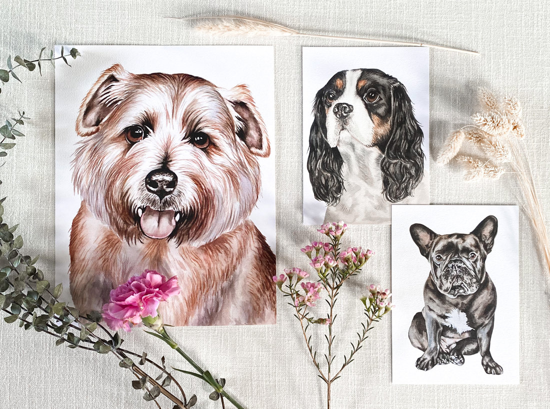 Three watercolor pet portraits: a terrier, a Cavalier spaniel, and a French bulldog