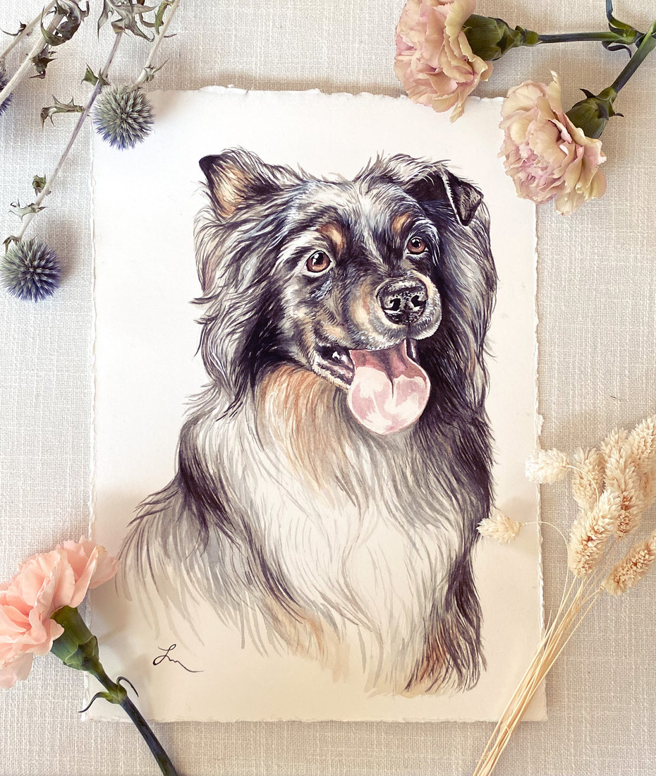 Watercolor portrait of a fluffy black-and-tan dog