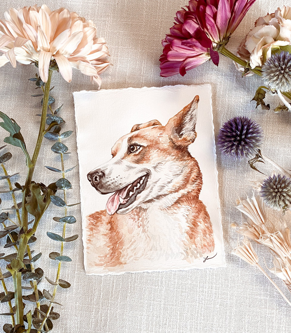 Watercolor portrait of a tan dog in profile