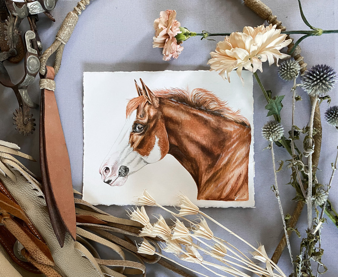 Watercolor portrait of a chestnut horse in profile
