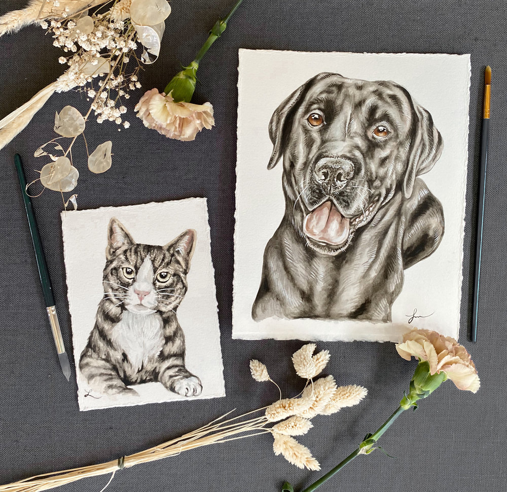 Framed watercolor cat and dog portraits styled with dried flowers