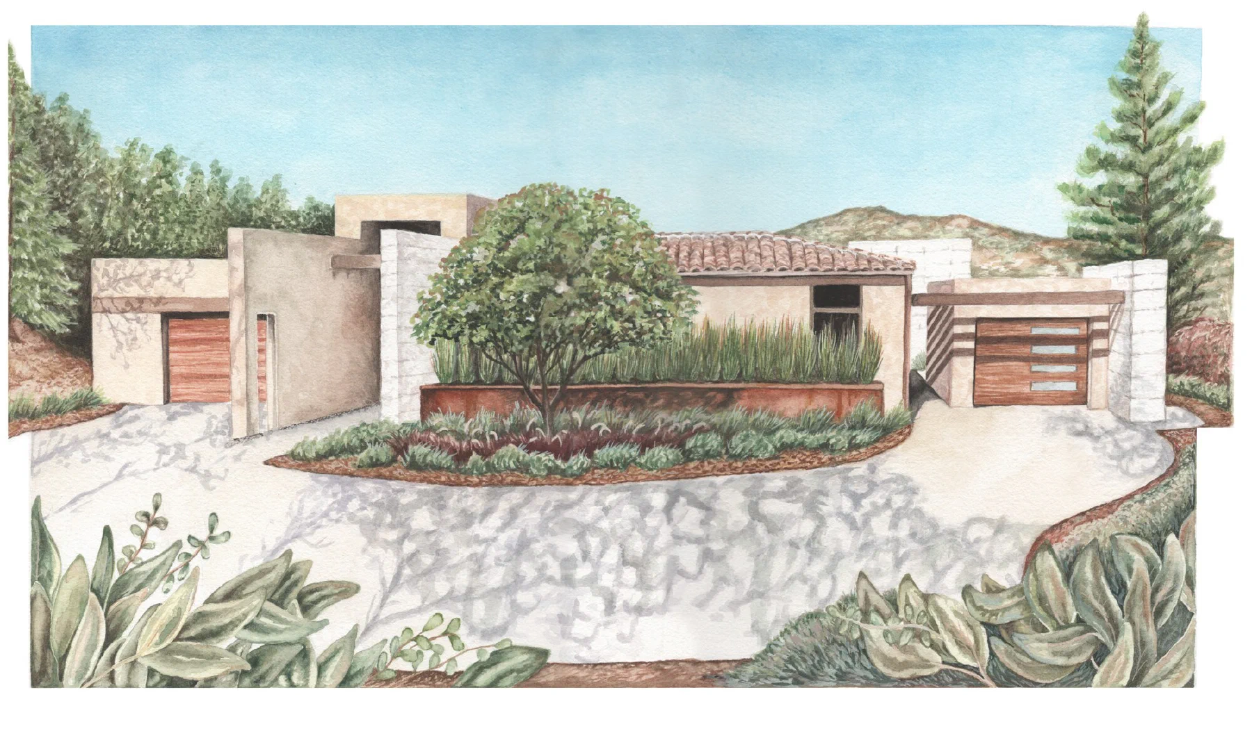 Watercolor portrait of a single-story home with a circular paver driveway