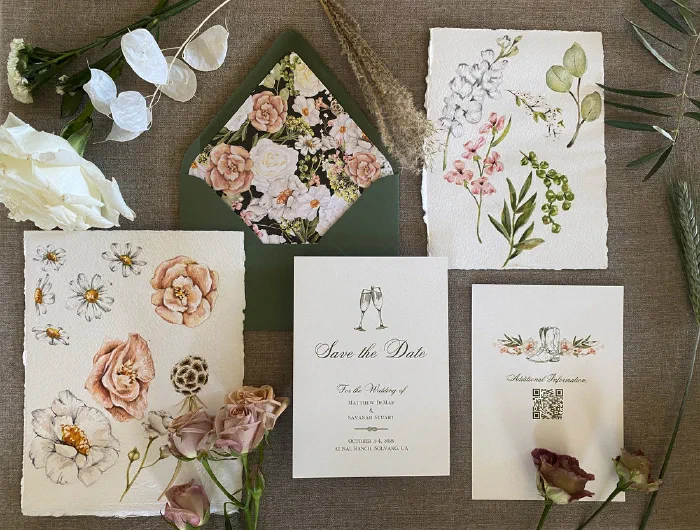 Custom watercolor wedding stationery