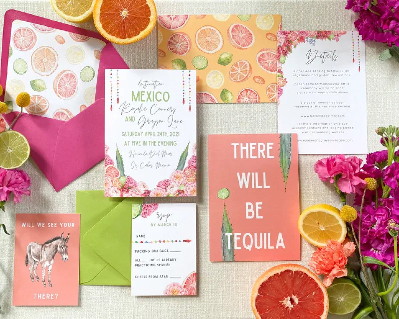 Citrus-themed Mexico destination wedding invitation suite