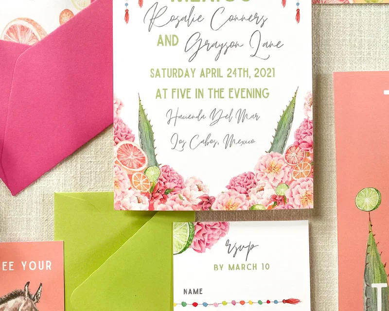 Citrus and floral Mexico destination wedding invitation