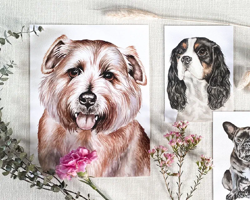 Three watercolor pet portraits: a terrier, a Cavalier spaniel, and a French bulldog