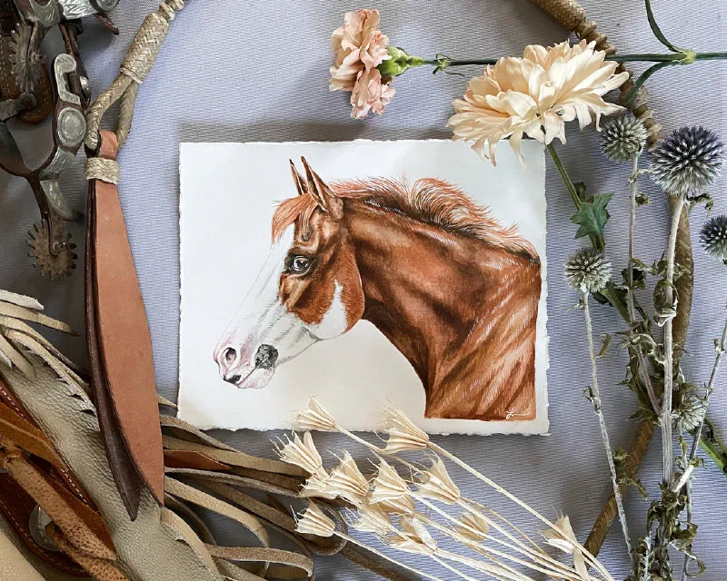 Watercolor portrait of a chestnut horse in profile