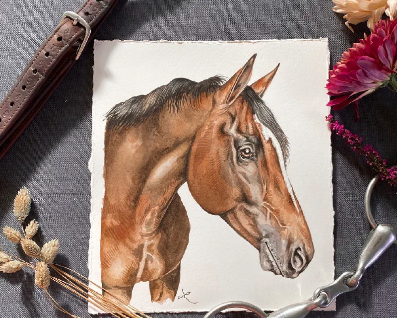 Watercolor portrait of a brown horse with a black mane