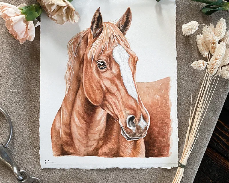 Watercolor portrait of a chestnut horse with a white blaze