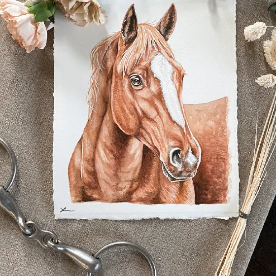 Watercolor horse portrait styled with carnations