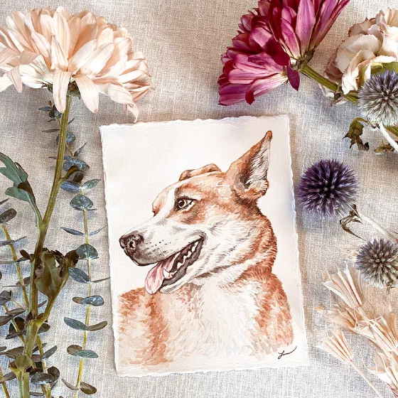 Watercolor pet portrait styled with dried flowers